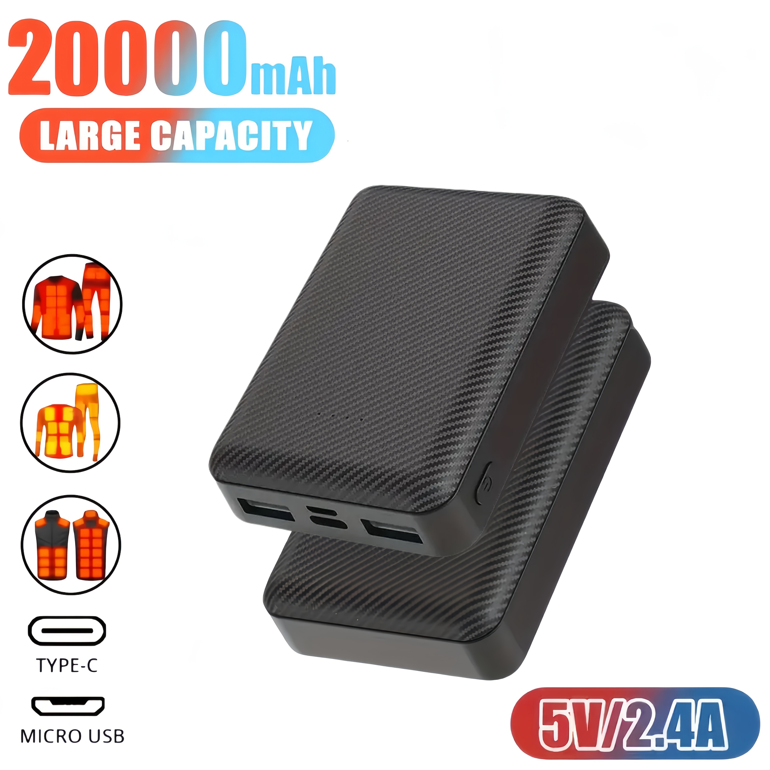 20000mAh Portable Power Bank Charger with Built-In USB Type-C Cable, Fast 5V 2.4A Charging for Heating Apparel and Accessories