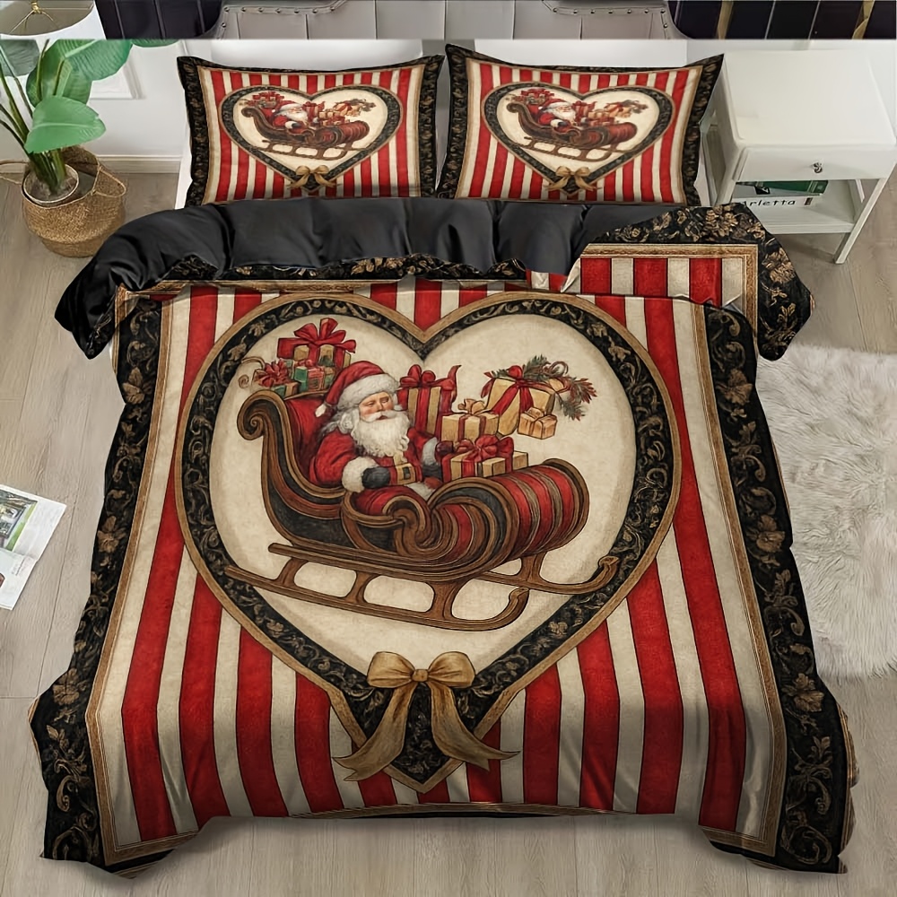 TEMU 3pcs Christmas Heart Sleigh Pattern Polyester Bedding | Includes 1 Duvet Cover And 2 Pillowcases, Soft And Comfortable Fabric, Suitable For