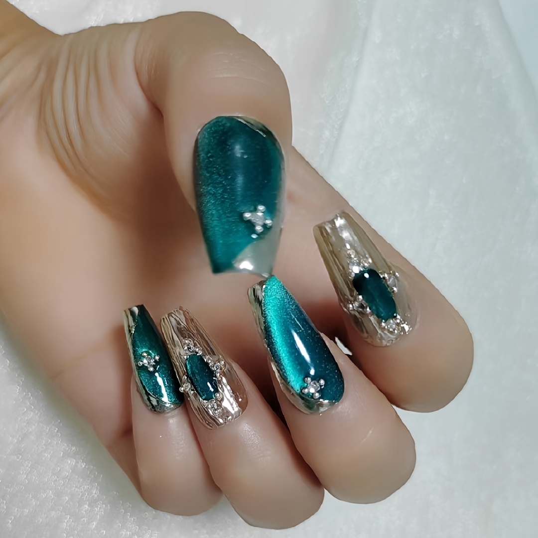 

Emerald Dream Sparkling Rhinestone Press-on Nails - Medium , , Handcrafted & Reusable, Long- False Nails For Women And Girls