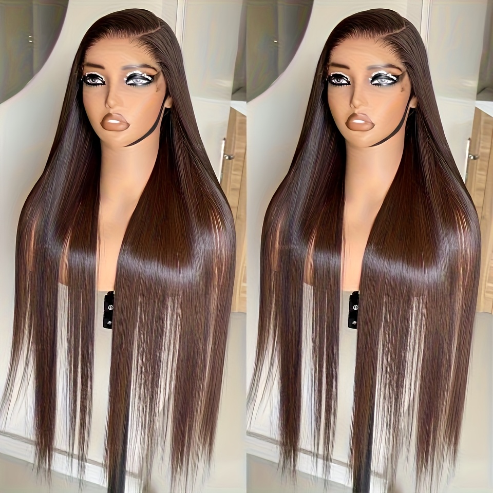 Image of 250% Hd Chocolate Brown Human Hair Wig, Straight Hd Lace Front Wig #4, Pre-plucked Hd Bone Straight Lace Frontal Wig Designed For Women, Featuring A 13x6 Human Hair Wig With Full Edges And Baby Hair