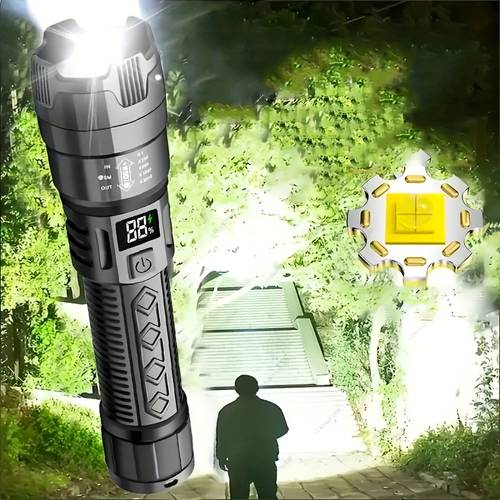 1 bright led flashlight telescopic zoom usb rechargeable torch with display handheld fishing light for camping hiking repair emergency lighting