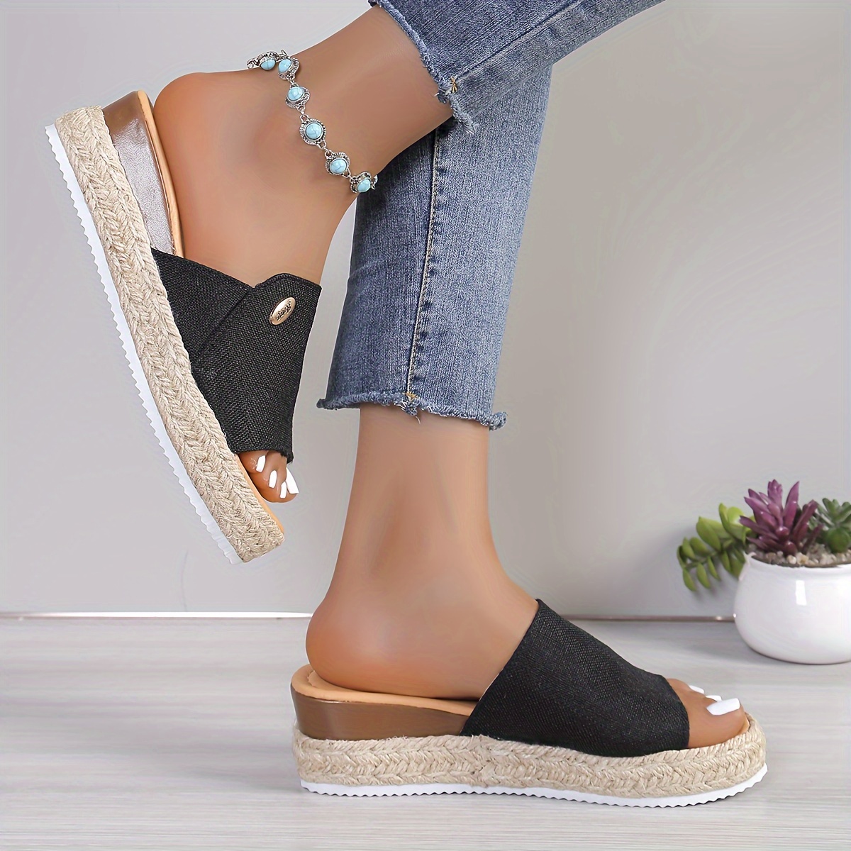 Women's Wedge Sandals, Elegant Fashion Thick-Heel Slippers with Metal  Decoration for Plus Size Ladies