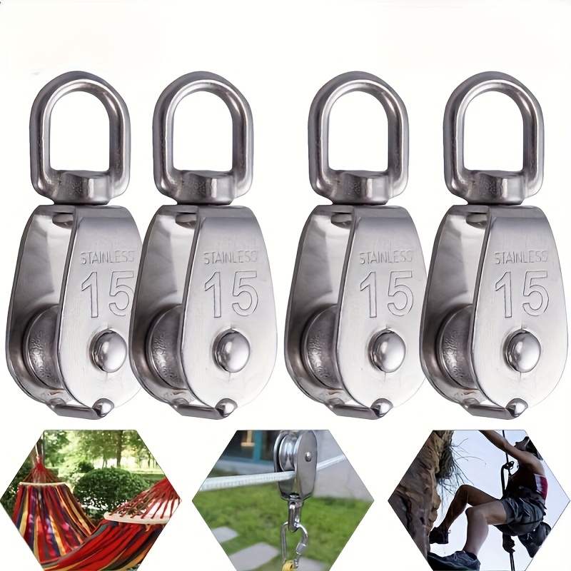 Pulley Wheel U Swivel Roller Stainless Steel Cable Pulley Block 360 Degree Rotating Rope Wheel Smooth Loading Silence Rotation Traction Wheel With Carabiner For Lifting Gym Equipment Clothesline 2pcs