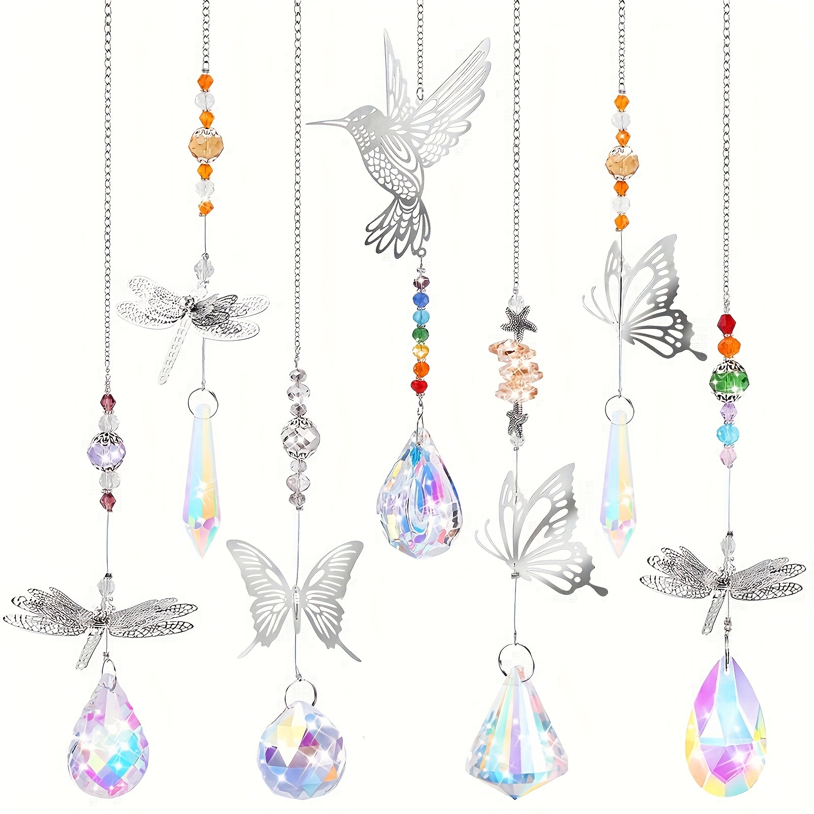 

7 Pieces Of Crystal Ball Prism Light Glass Pendant With Butterfly, Dragonfly, Hummingbird Hanging Decorative Window , Suitable For Home, Office, Garden Decoration Christmas Decor