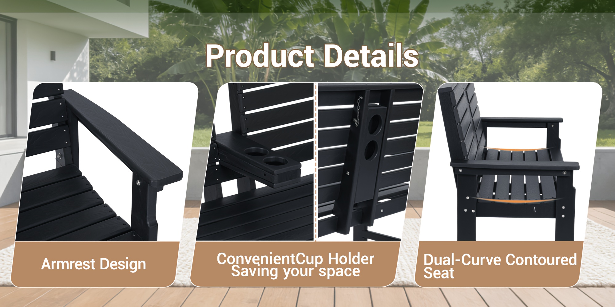 Patio Bench Designed for Two, Featuring Cup Holders And Made from HDPE, Ideal for Gardens And Porches, with Resistance to Fading And Rotting