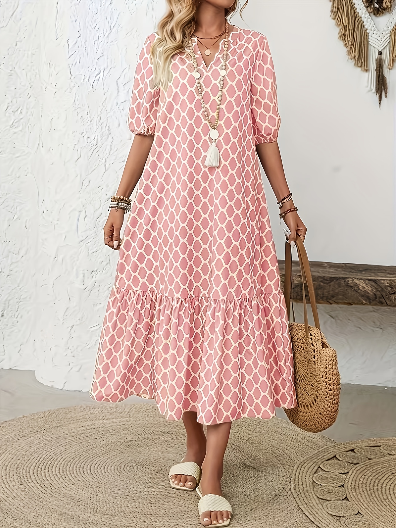 womens bohemian maxi dress puff sleeve v neck ruffle hem - Temu Mauritius