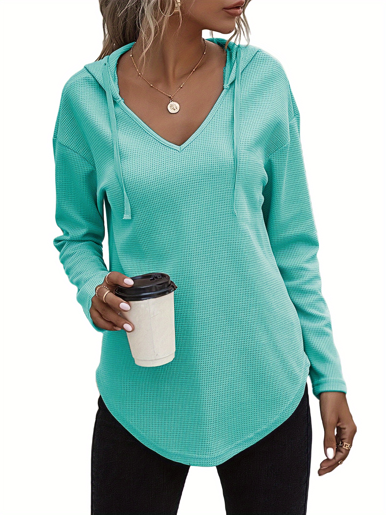 hanky hem v neck hoodie casual long sleeve drawstring hooded sweatshirt womens clothing
