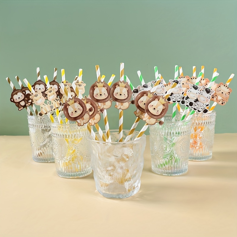 

6pcs, Jungle Animals Disposable Paper Straws, Safari Theme Birthday Decoration Gifts For Guests 1st Birthday Party Supplies Green Forest Wild 1 Straws