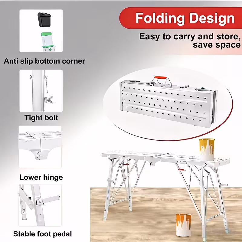 portable foldable workbench with adjustable height wide base scaffolding work platform heavy duty foldable railing suitable for home renovation rv cleaning window washing ideal for outdoor use with free gifts workbench Product details 7