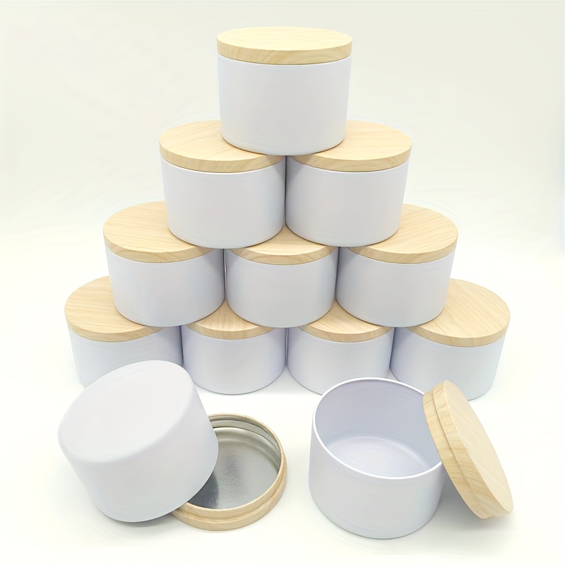 

12 Pcs 8 Oz White Metal Candle Tins With Wood Grain Lids, Premium Candle Making Containers 227ml