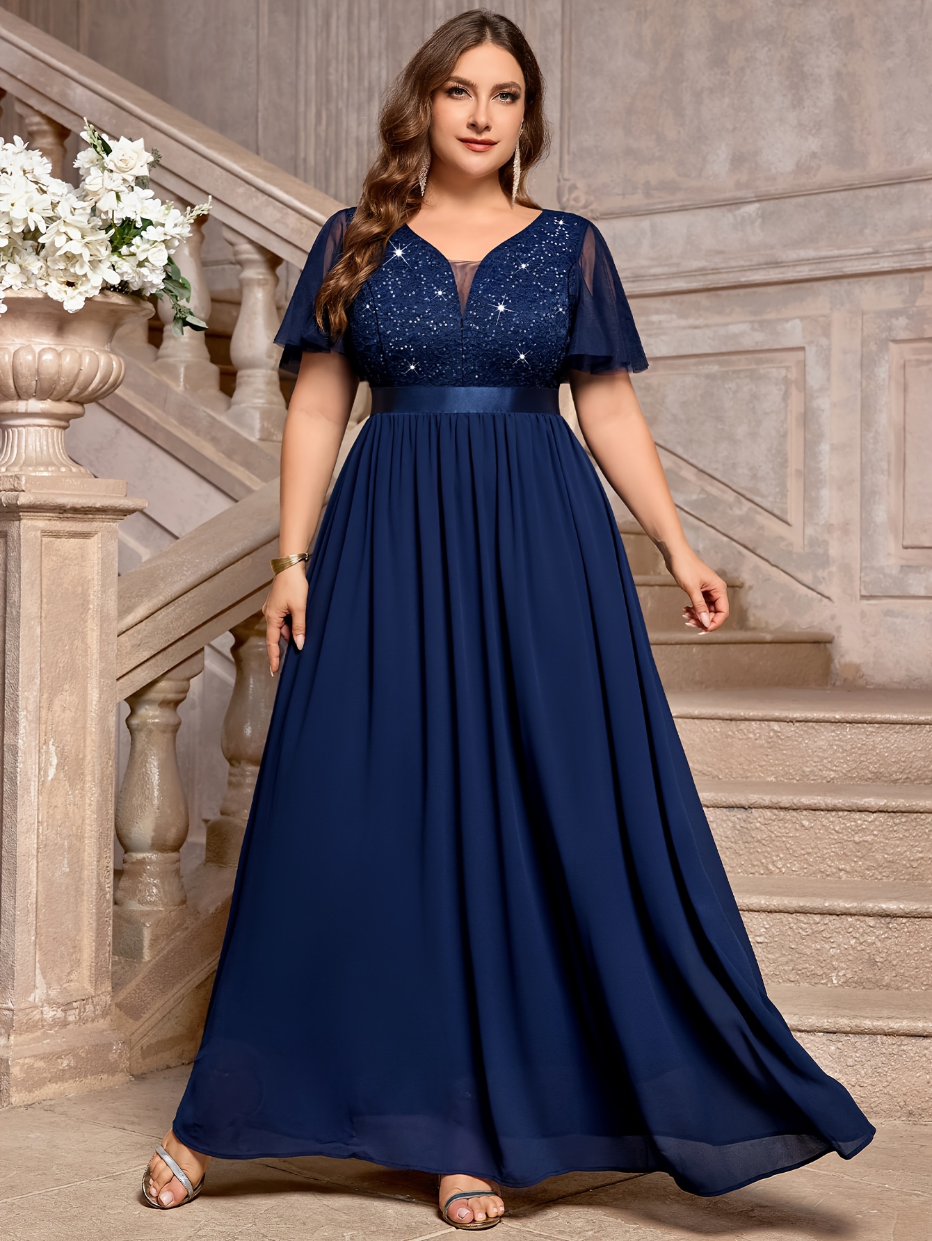 plus size navy bridesmaid dresses ZAPAKASA Women Navy Plus Size Lace A Line Long Mother of the Bride Dress  Cap Sleeves Chiffon Ruched Wedding Guest Dress