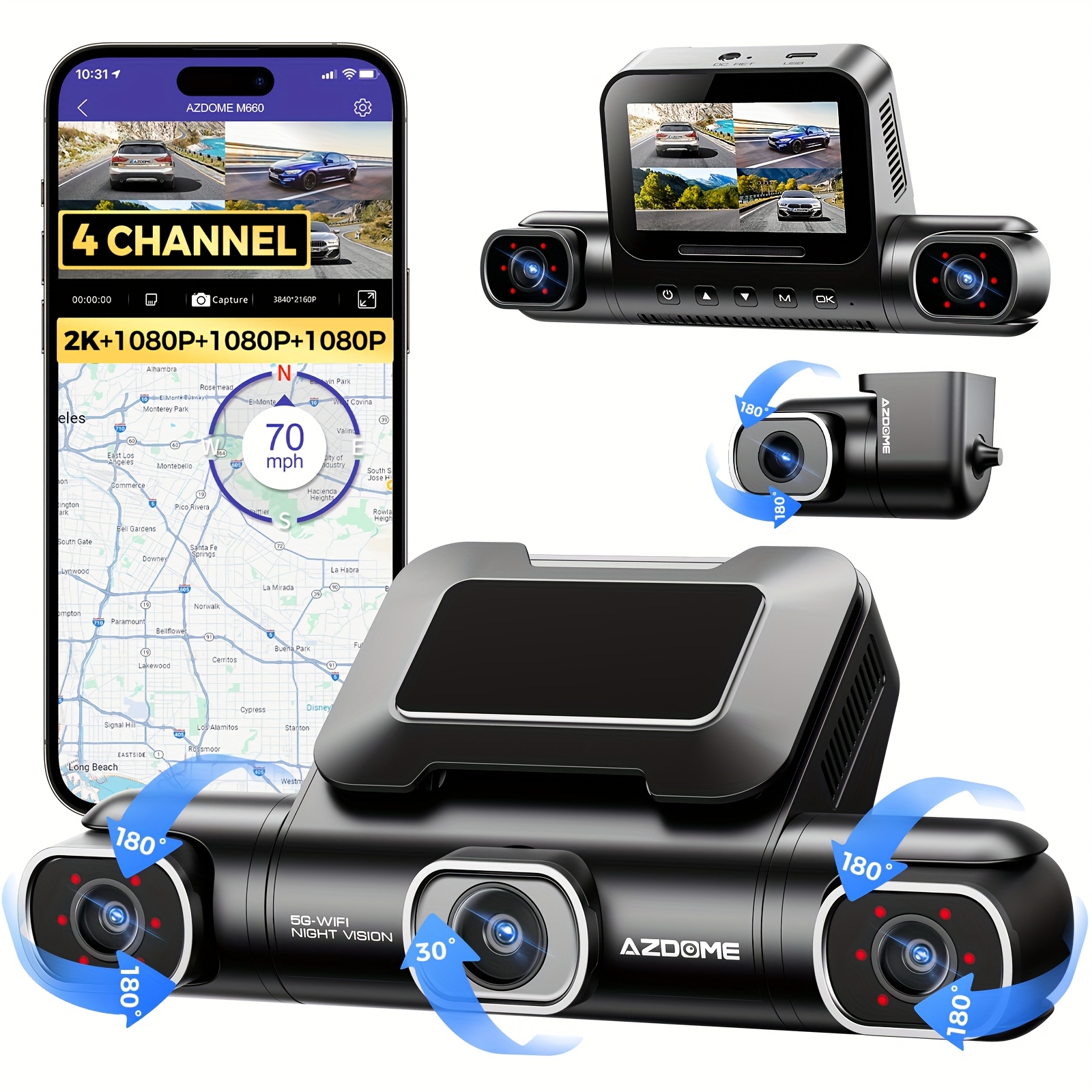TEMU Azdome M660 Dash Recorder With 4 Adjustable Lenses, 4k Front Camera, 4k+1080p Dual Dash Cam, 4k+1080p+1080p Triple Car Cameras, 360° Degree Cam,