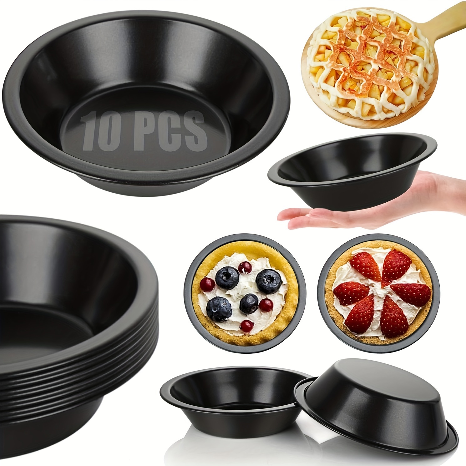 

10-piece Set Mini Pie Pans 5 Inch, Stainless Steel Nonstick Round Tart Tins, Small Baking Dishes, Pizza Bread Meat Dessert Pie Plates, Contact Safe Kitchen Bakeware - Black