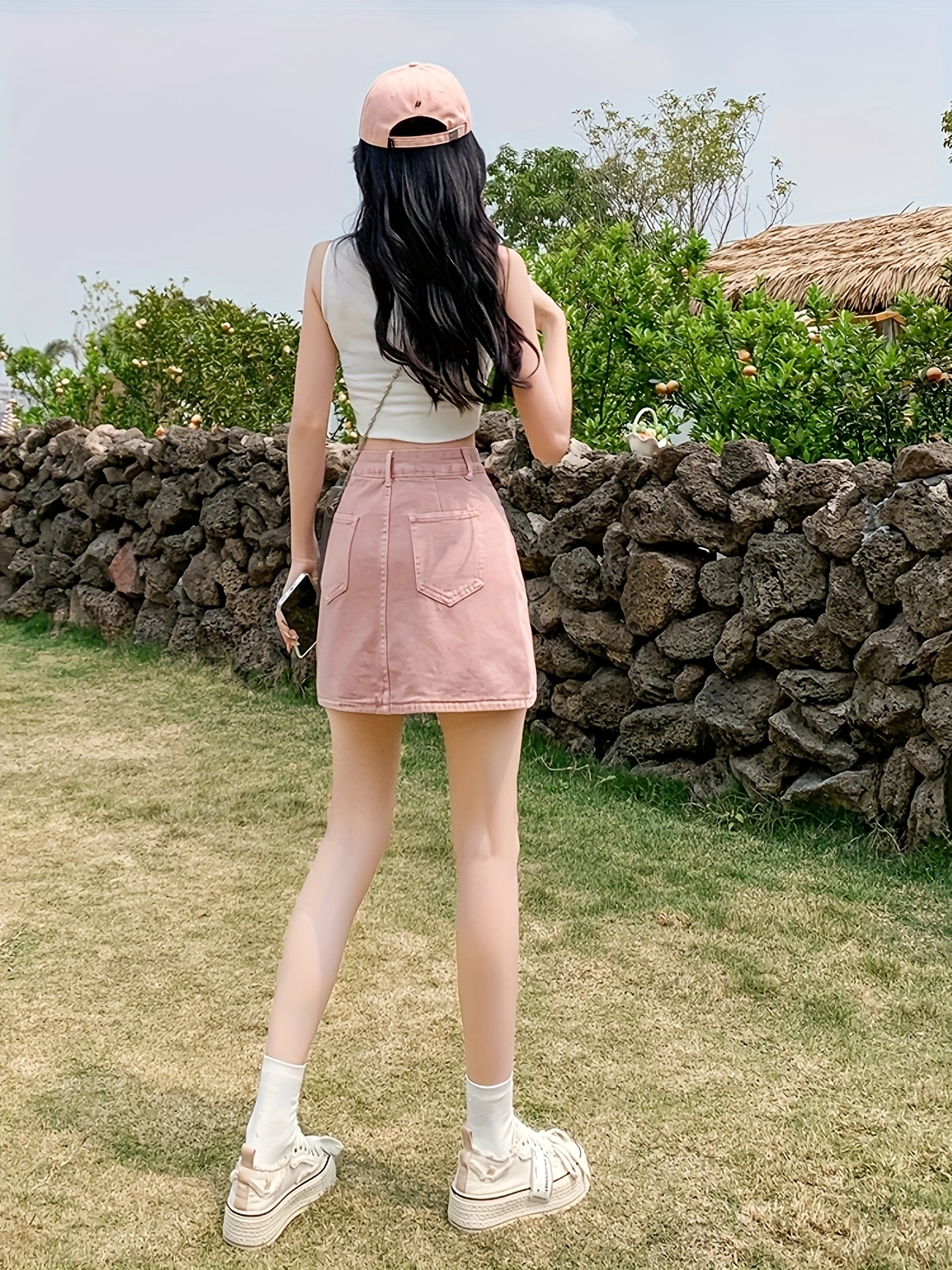 women's high waisted vintage a line denim skirt pink solid Temu