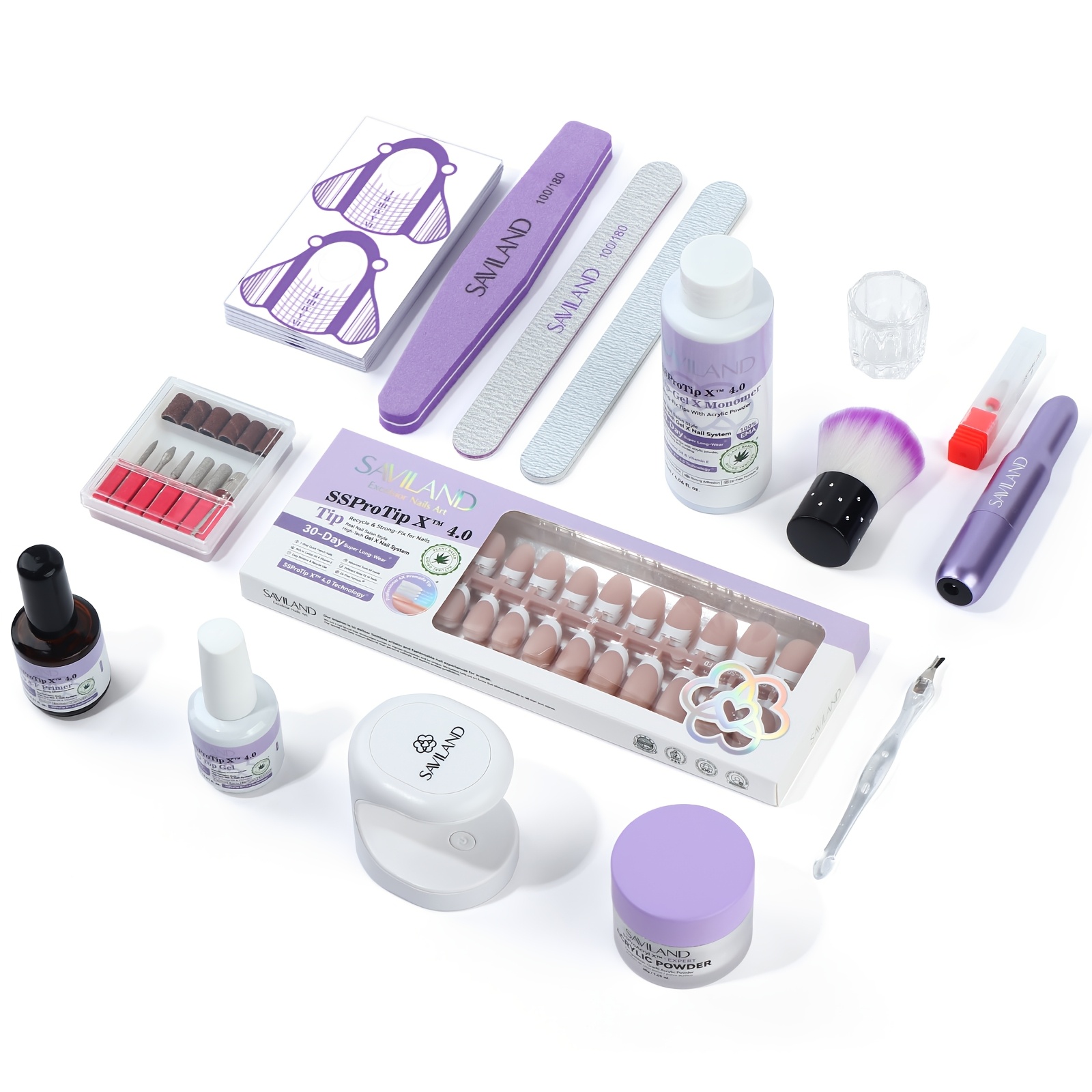 150pcs SAVILAND French Acrylic Nail Kit - Easy Press, Long-Lasting, Hypoallergenic Tips, Short Square & White Pointed Shapes, Includes Powder Monomer Liquid, Nail File, Brushes & Adhesive Tabs - USB Rechargeable for Salon-Quality DIY Manicures, Home Manicure Kit|French Tip Nails|Durable Nail Tools, Nail Tech Supplies