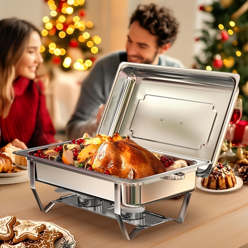 Image of 1pc Chafing Dish Buffet Set 9 Qt Stainless Steel Complete Chafer Set Catering Warmer Set With Water Pan, Fuel Holder For Parties, Dinners, Catering, Buffet And Weddings, Silver, Cooking