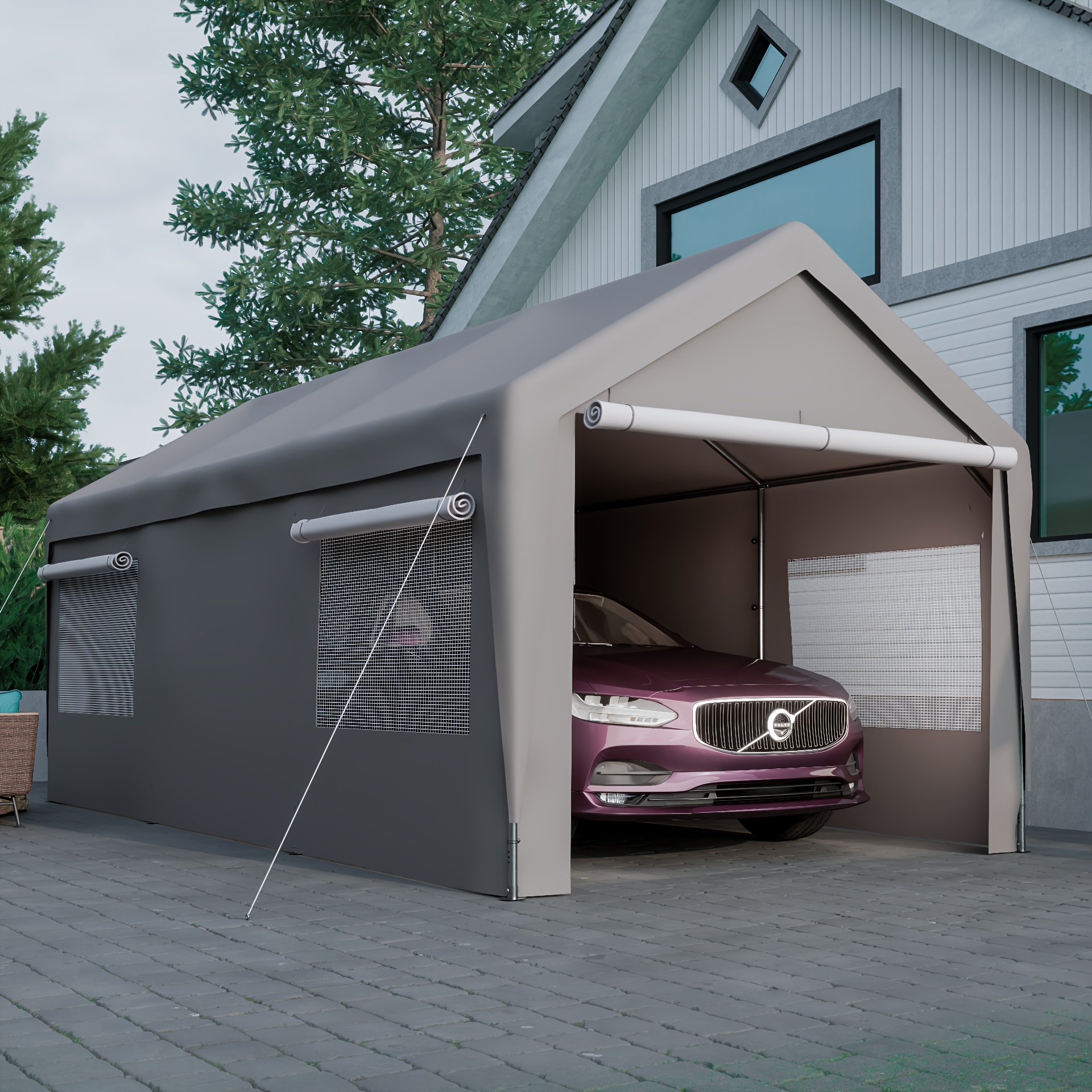 

Carport 10x20 Ft Heavy Duty Boat Car Garage With Removable And Roll-up Ventilated Windows