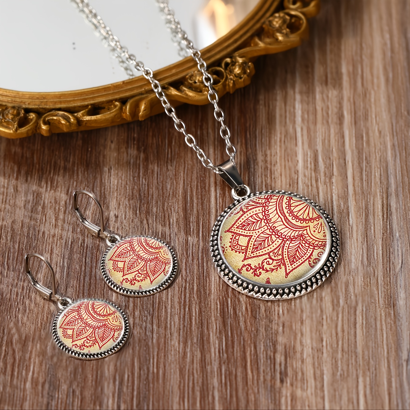 3pc Floral Pattern Necklace & Earrings Set, Classic Style