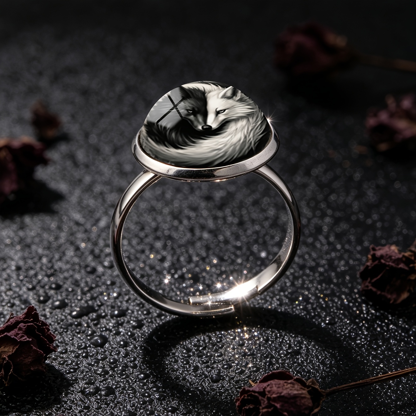 Women's Vintage Black and White Fox Tai Chi Pattern Ring