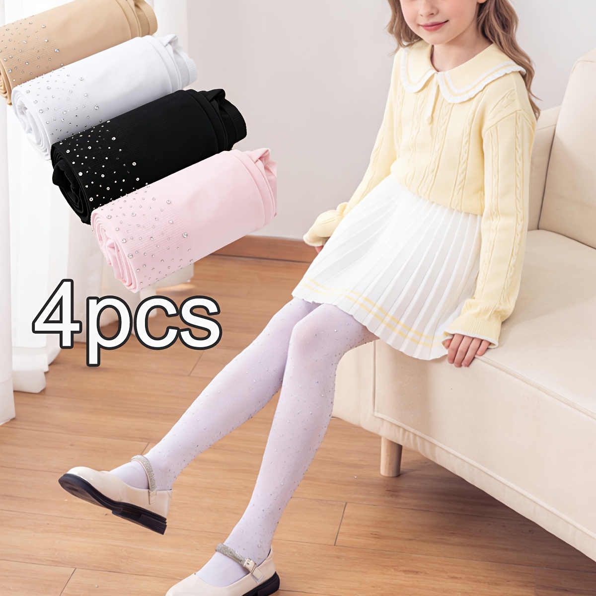 4pcs Girls' Tights Leggings Rhinestone Sequin Sparkly Dance Socks, Fall And Winter Clothes