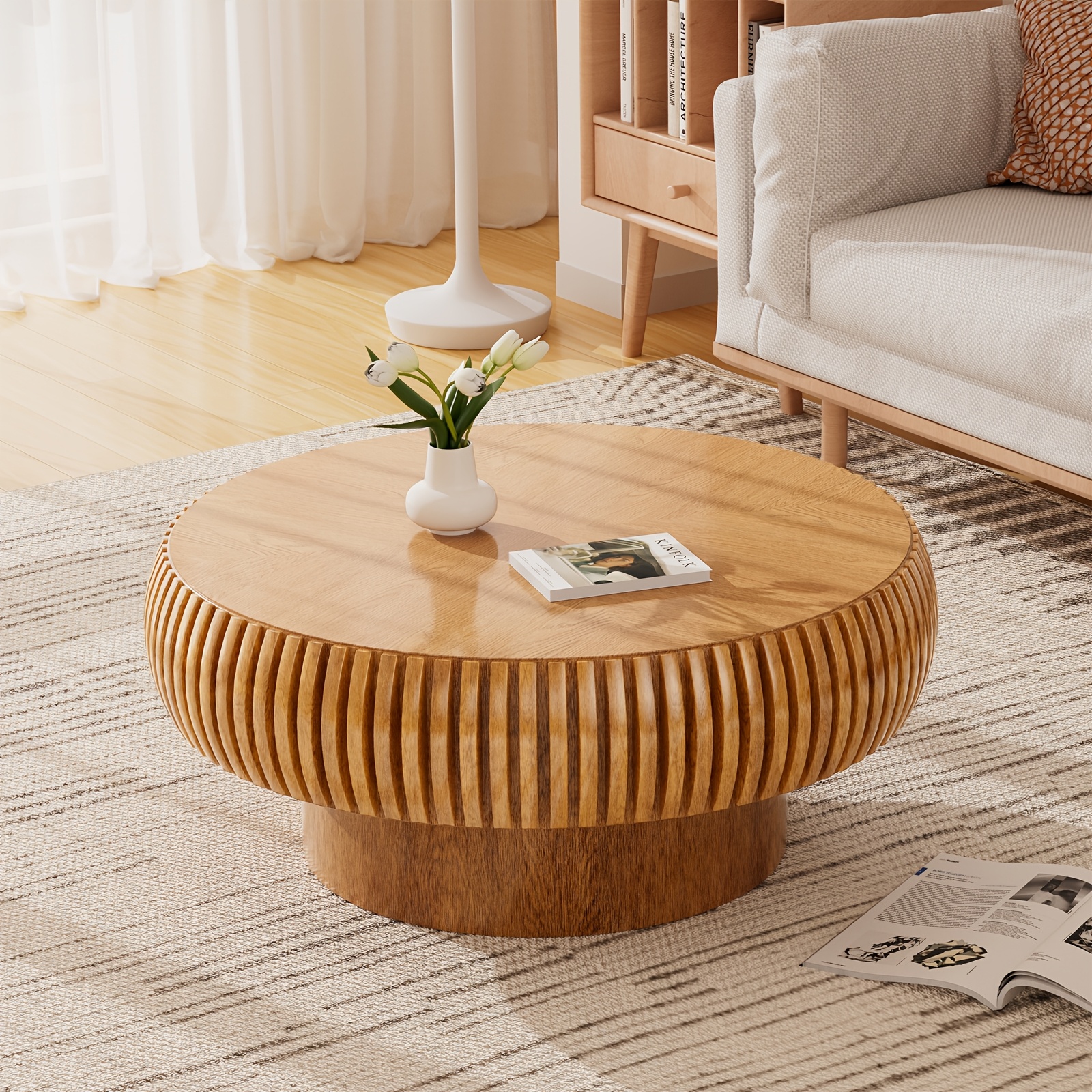 Round Vertical Striped Wooden Coffee Table, Vintage Solid Wood Texture Living Room Low Table, Modern Minimalist Home Coffee Table