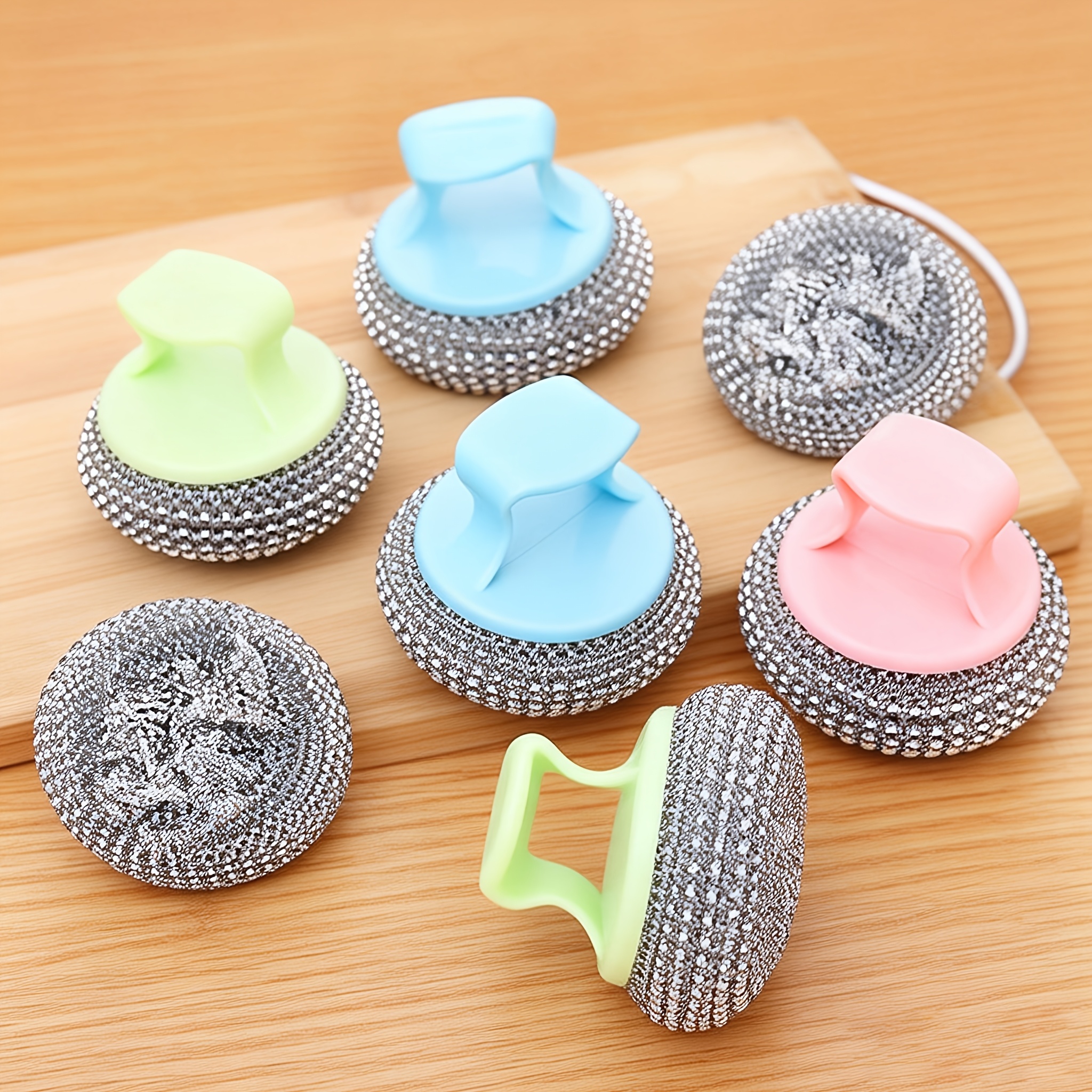 TEMU 6pcs Stainless Steel Sponge Handle Scrub Brush, Detachable Nano Scouring Balls, Anti-scratch Residue-free Multifunctional Cleaning Brush For Home Kitchen Dishwashing Pot Scrubbing