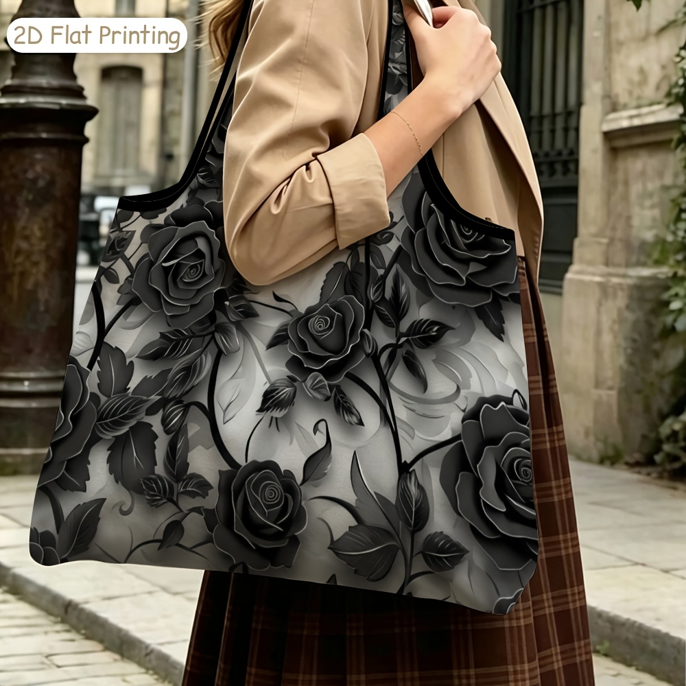 TEMU 2d Flat Printing, 1pc Portable Shopping Bag, Reusable Durable High Quality Tote Bag Black And White Floral Pattern Roses Intricate Details