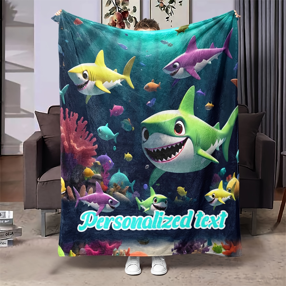 

Custom Cartoon Shark Text Print Blanket - Cozy Flannel, Gift For Bed & Sofa