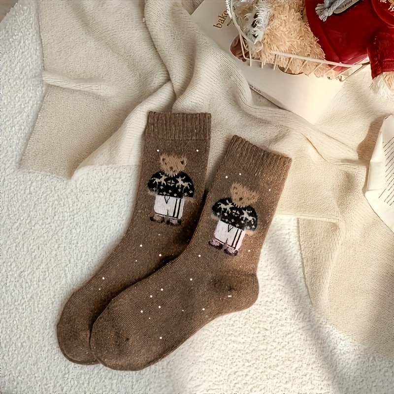 Image of 1/5 Pairs Cute Bear Pattern Mid-calf Women's Socks, Style, Comfortable And Warm, For Mid-calf Socks