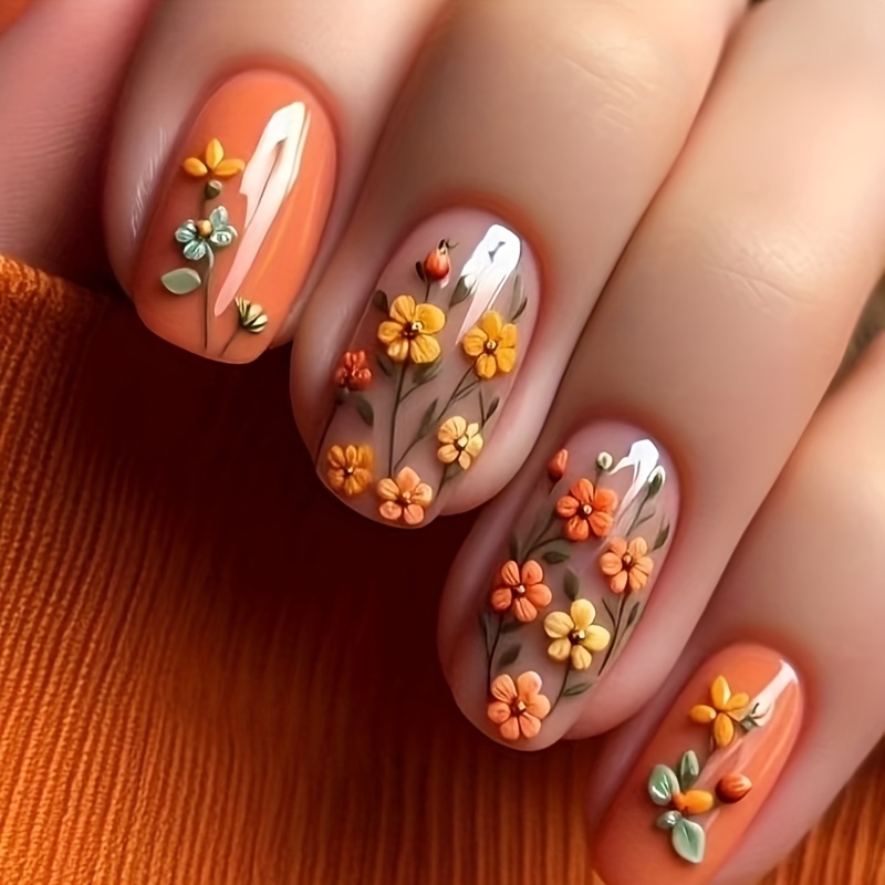 

24pcs Press-on Nails Set For Women, , 3d Embossed With Yellow & Orange Leaves, Square Shape, Medium Length, Includes Jelly Glue & Nail File