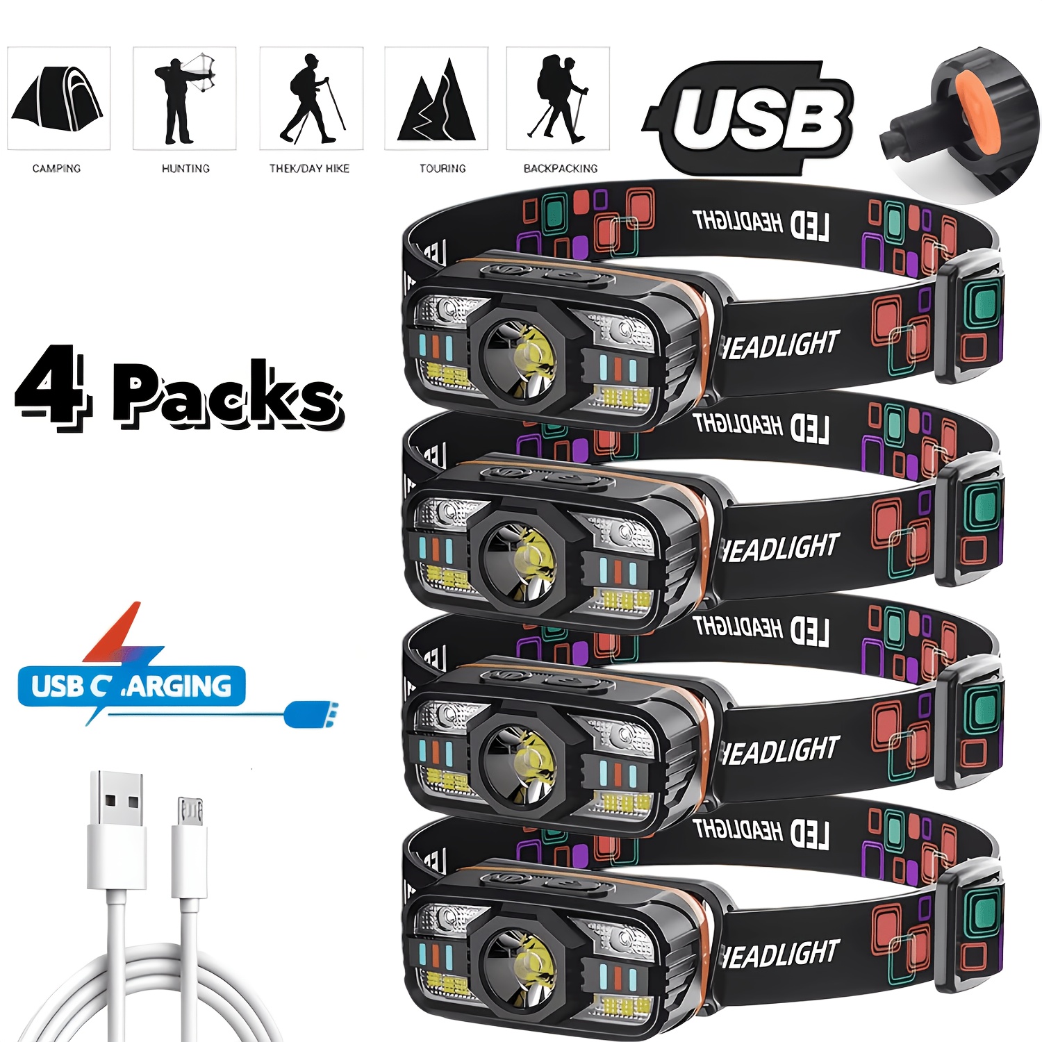 TEMU 4pcs Rechargeable Flashlight, Usb-c Charging With 6 Lighting , Adjustable Focus & Motion Sensor Led Headlight, Ideal For Camping, Hiking,