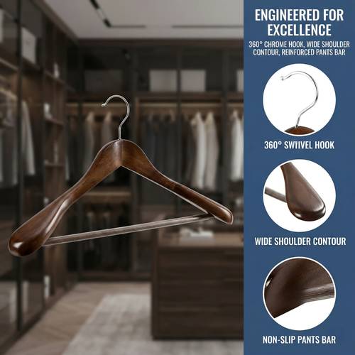 wooden coat hangers 6 pack 360 swivel hook wide shoulder design non slip pants bar multipurpose portable durable to 20lbs