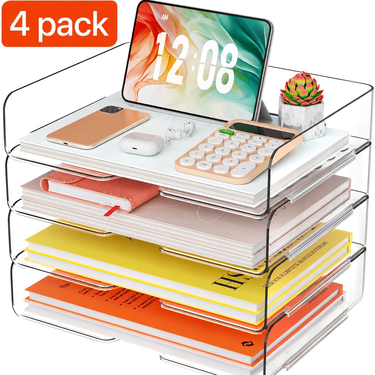 TEMU Stackable Clear Acrylic Paper Organizer, 2 Or 4 Tier Letter & A4 File Tray For Desk, Office & Home
