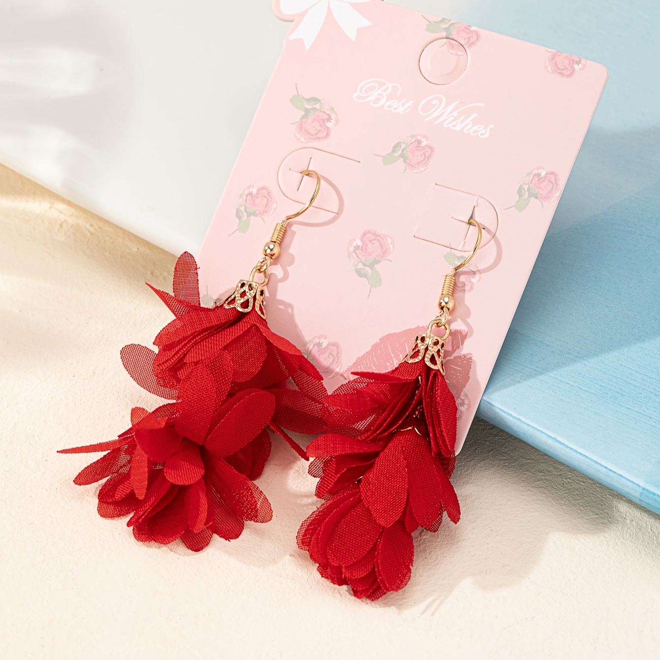 Image of A Pair Of Elegant And Sweet Floral Fabric Earrings For Women, Perfect For Holidays, Birthdays, Dates, Parties, Vacations, Shopping, And Everyday Commuting Additions