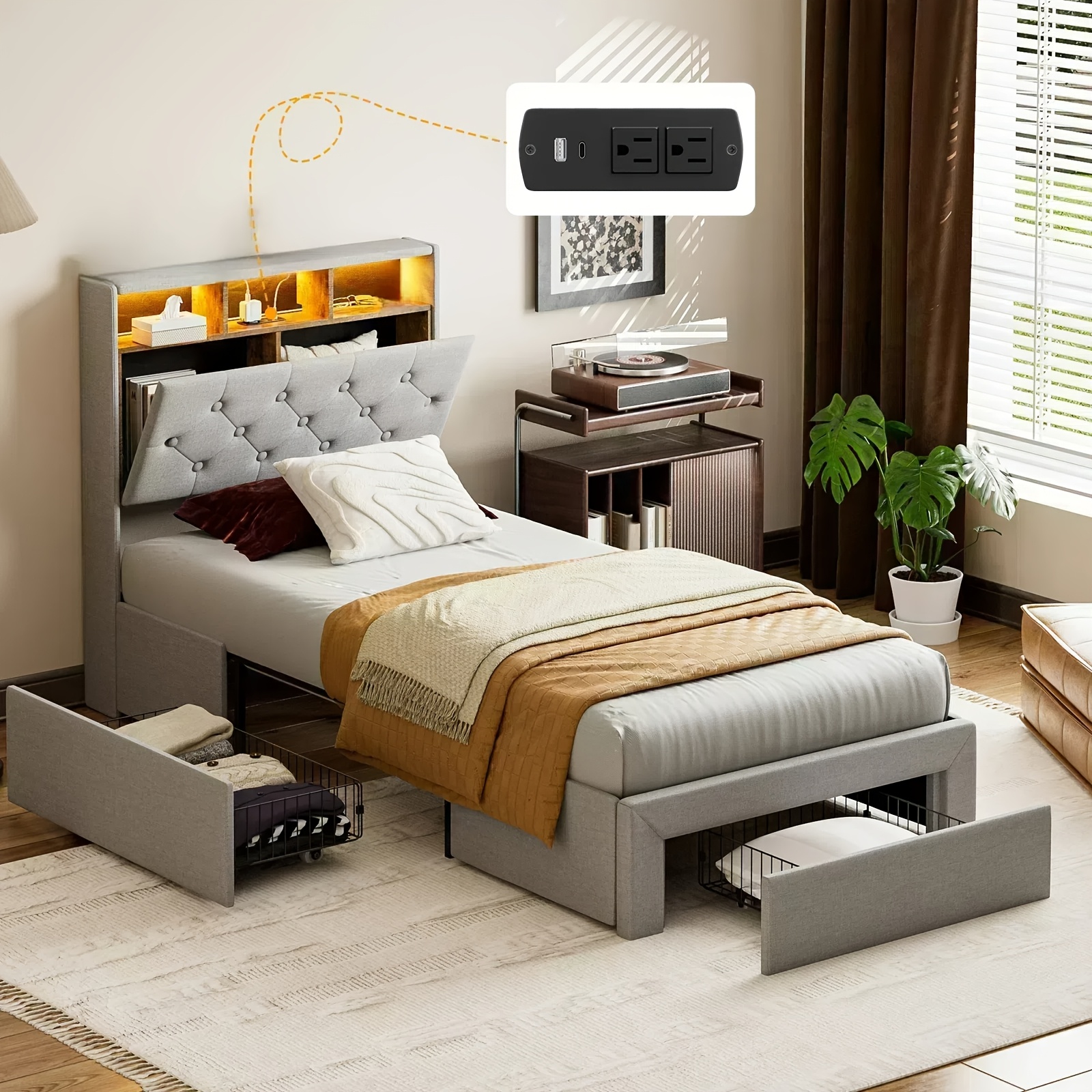 Lusimo Twin XL Bed Frame With Headboard And Charging Station, Modern