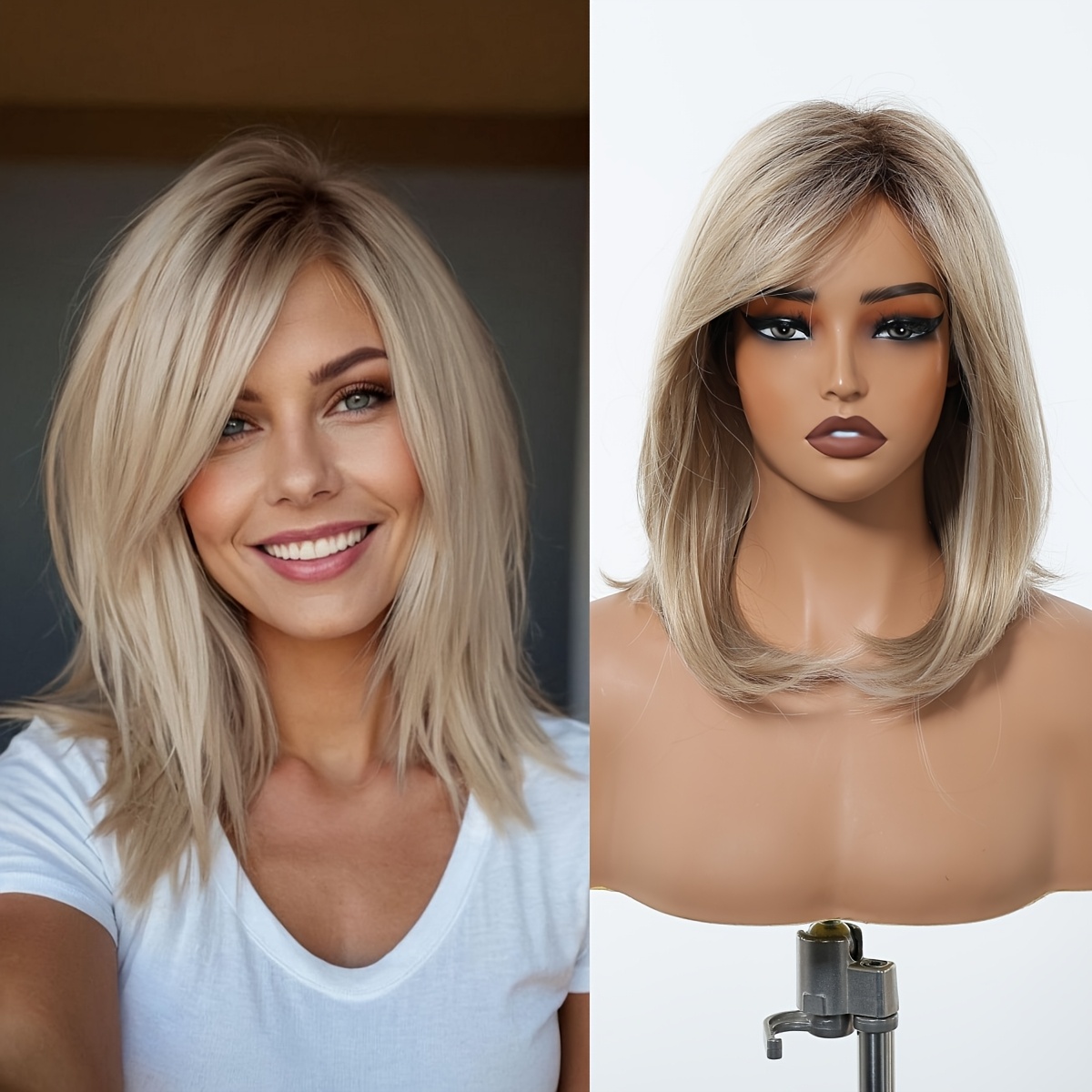 14 Inch Long Straight Blonde Wigs With Bangs And Highlights Synthetic Wigs For Women For Ordinary Work, Life, Dance Parties And Use
