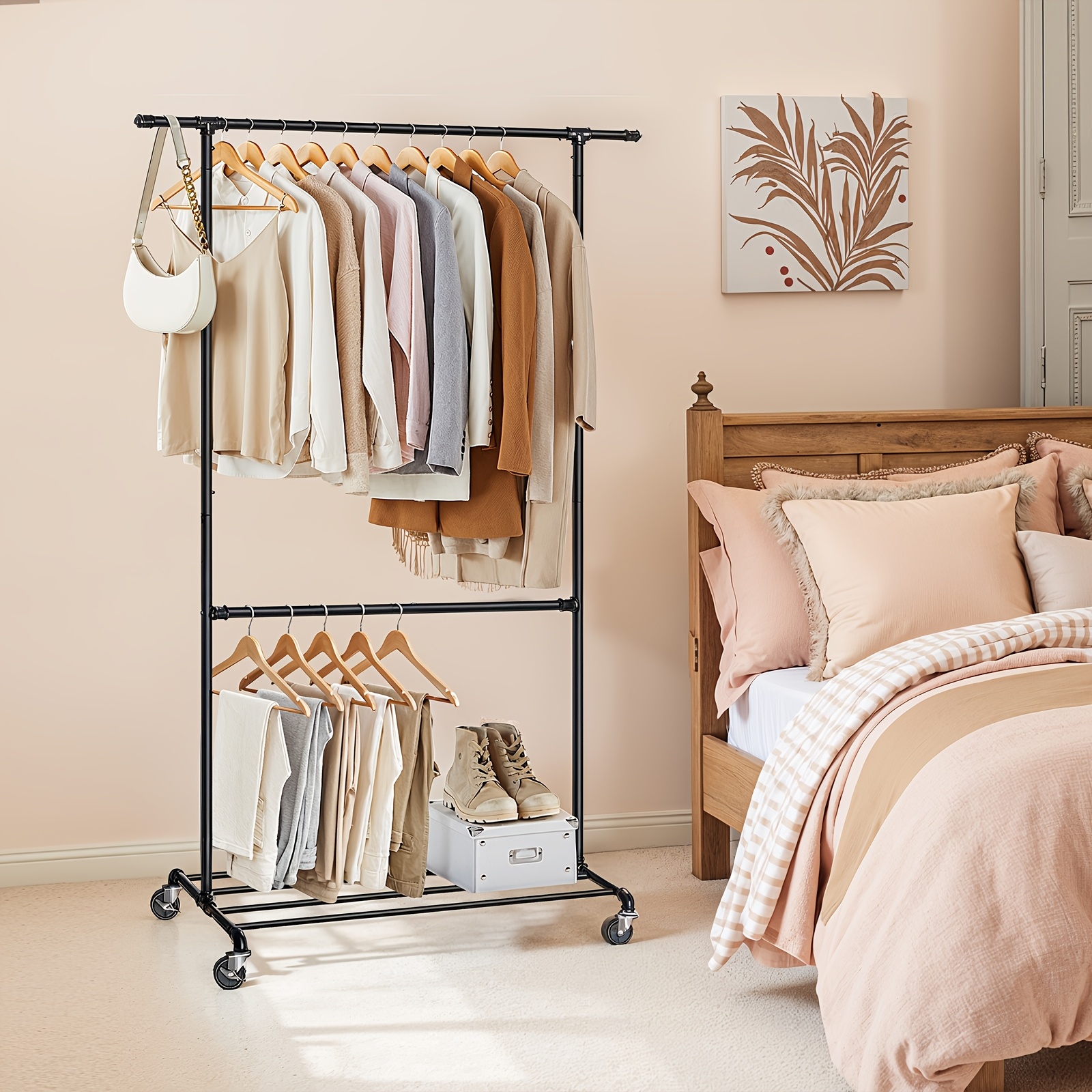 Clothes Rack, Clothes Rail On Wheels, 2 Rails, With Shelf