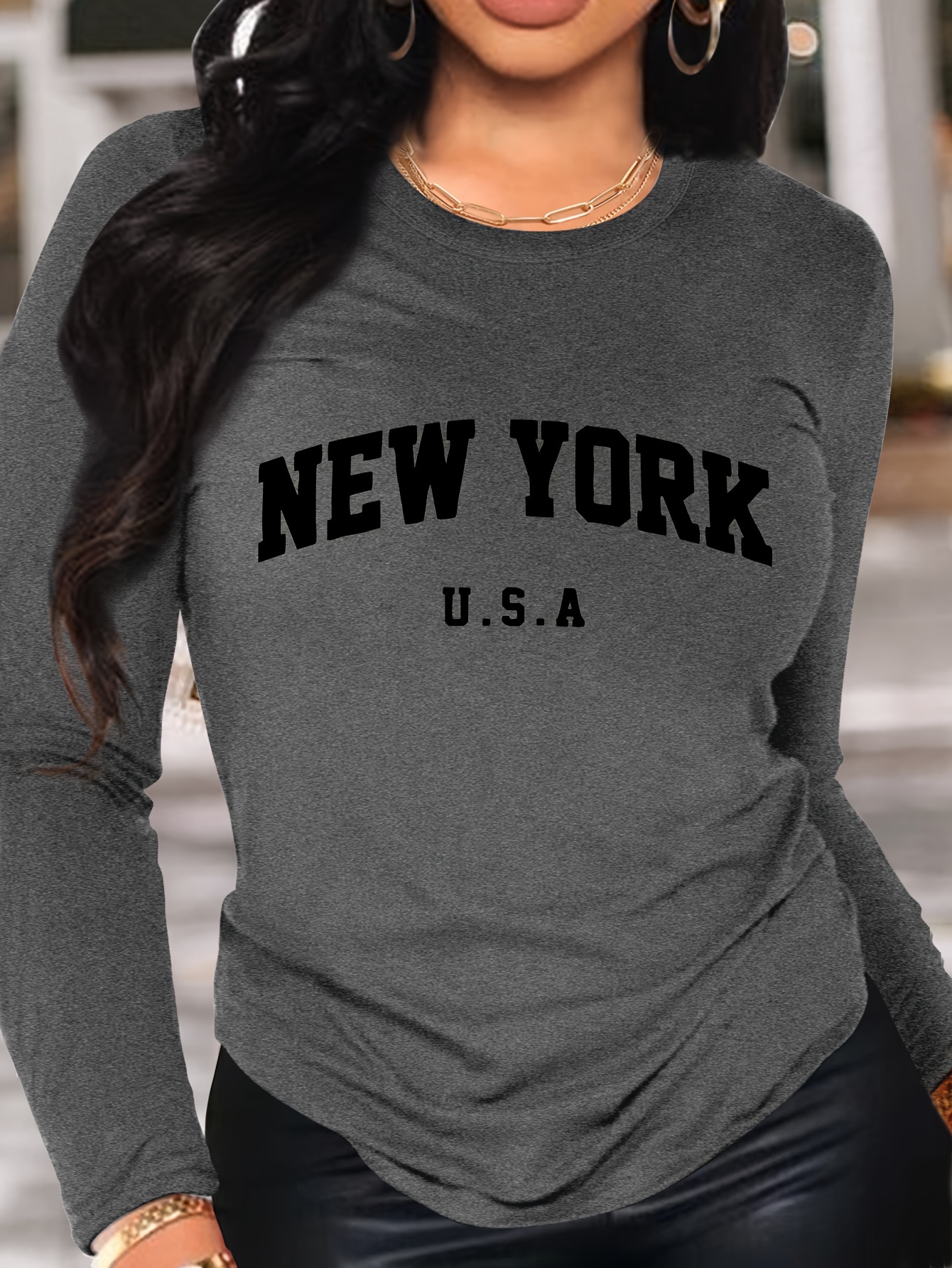 NEW YORK Print Crew Neck T-Shirt, Casual Long Sleeve T-Shirt For Spring & Fall, Women's Clothing