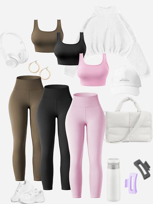 womens 3pcs yoga fitness set breathable high waist tummy control leggings with matching sports bra and vest solid color activewear for running dance training
