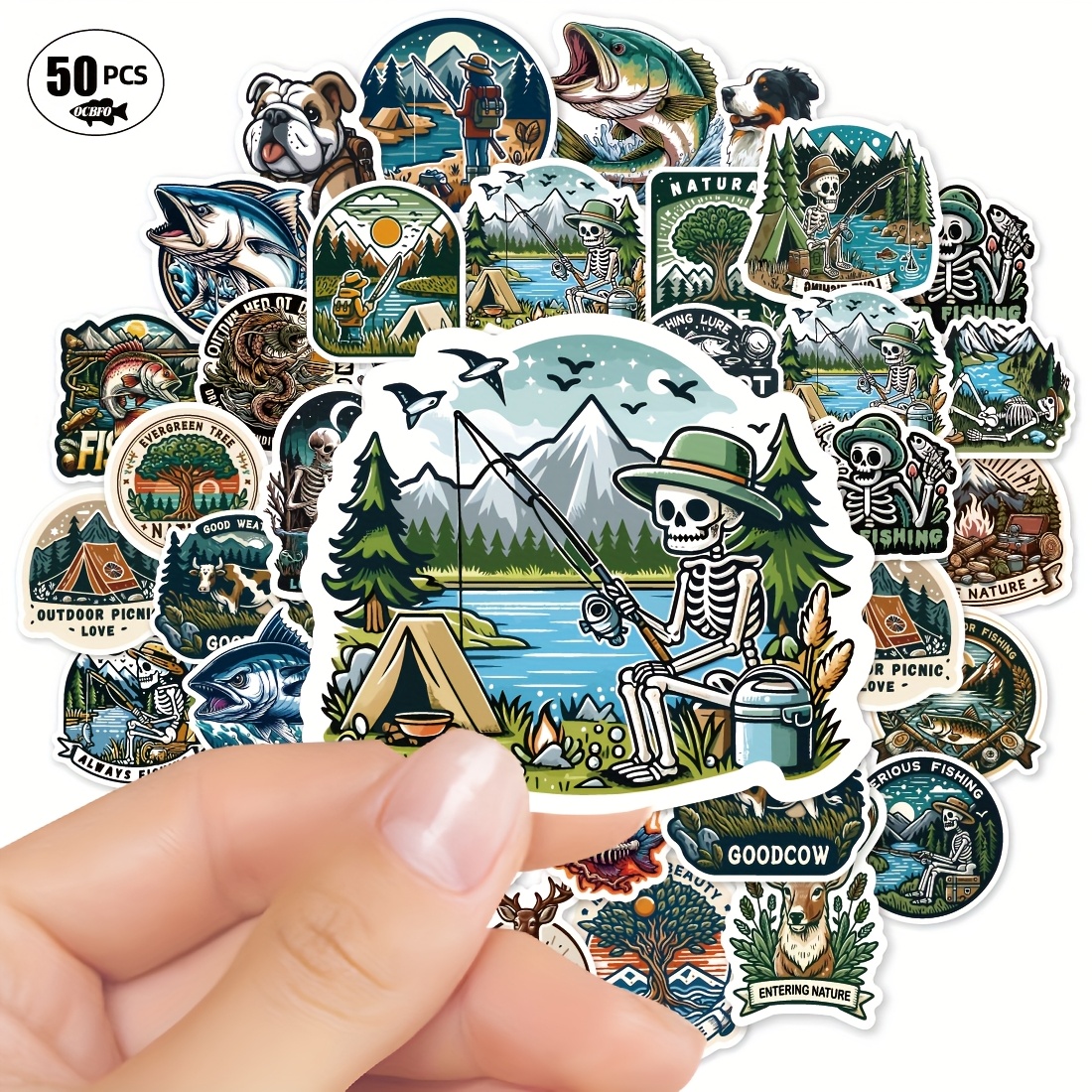 50 Outdoor Camping Stickers For Fishing, Lure Fishing Tackle Box Stickers, Suitcase, Tea Cup, Fish Box, Animal Decorations, Decals For Notebooks And Phone Stickers