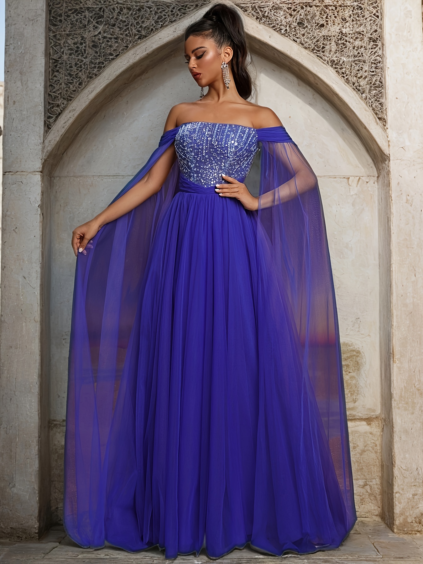 Elegant Off-Shoulder Sequin Mesh Evening Gown for Women Long Drape  Backless Design, Royal Blue, Formal Occasion Dress with Floor-Length Skirt, 