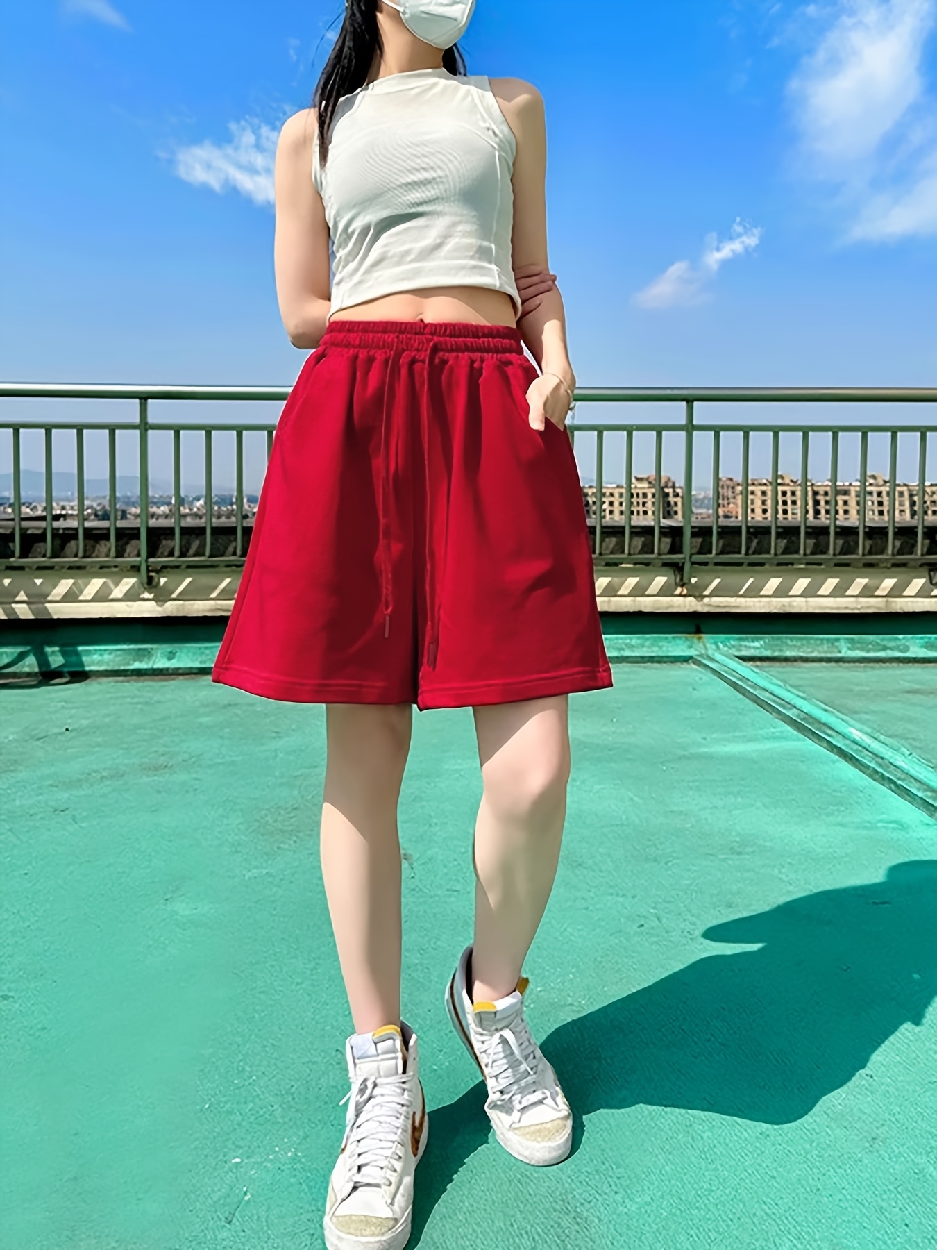 womens summer red drawstring swim shorts casual loose fit Temu