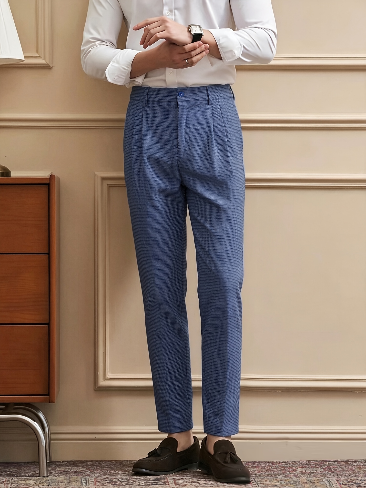 item picture mens waffle texture formal trousers     pleated breathable casual pants suitable for   ideal for workplace interviews outdoor leisure and holiday gifting