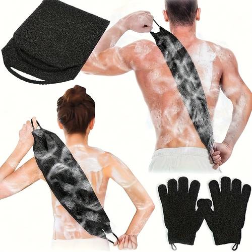 3-delige exfoliërende rugscrubber badhandschoenen set, exfoliërende douchehanddoek met douchehandschoenen voor lichaamsscrub, rugreinigingswas handschoenen om dode huid te verwijderen (zwart)