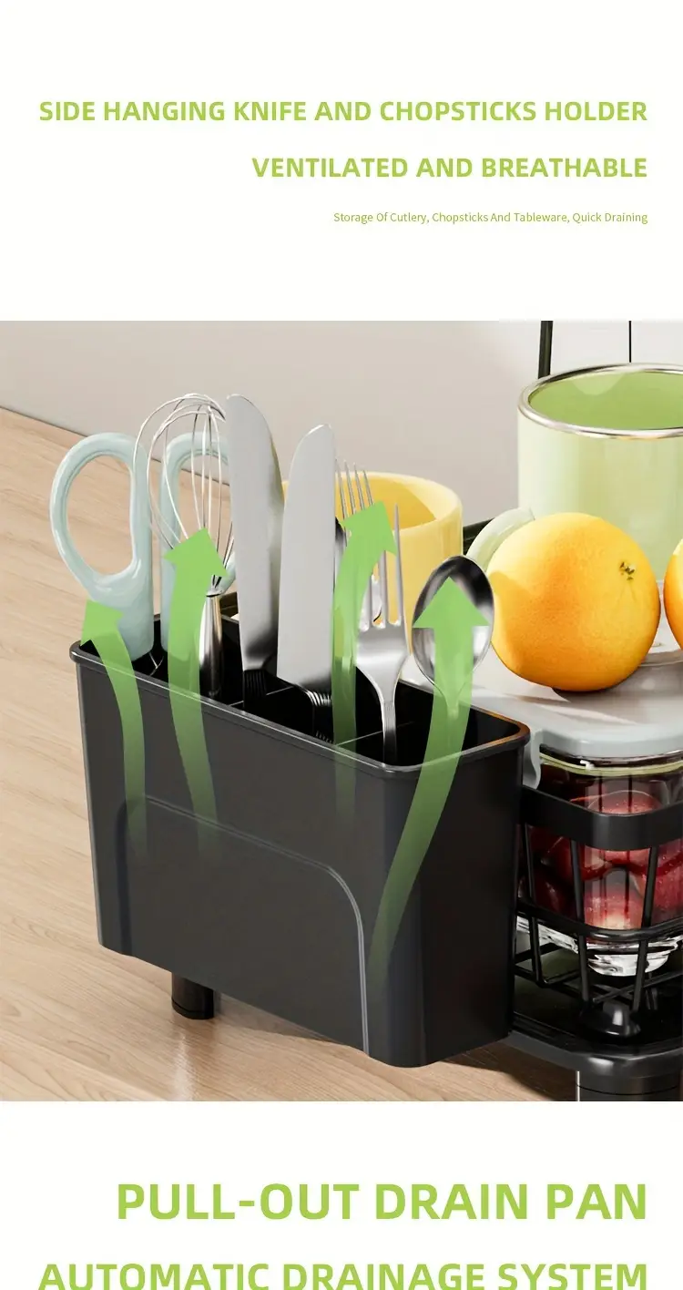 2 tier dish drying rack with drain tray and swivel drip spout multifunctional kitchen countertop storage organizer metal and plastic cup holder and cutlery holder space saving plate rack for home and apartment use 1pc Product details 7