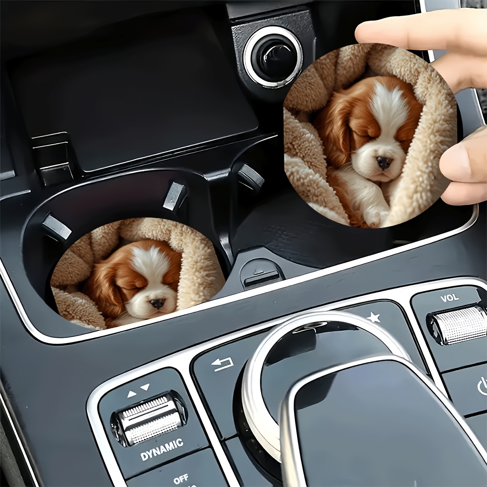TEMU 2pcs King Charles Spaniel Cute Sleeping Theme Pattern Car Coasters, Center Console Pad - Non-slip, Dust-proof, Home Dining Table Water Cup