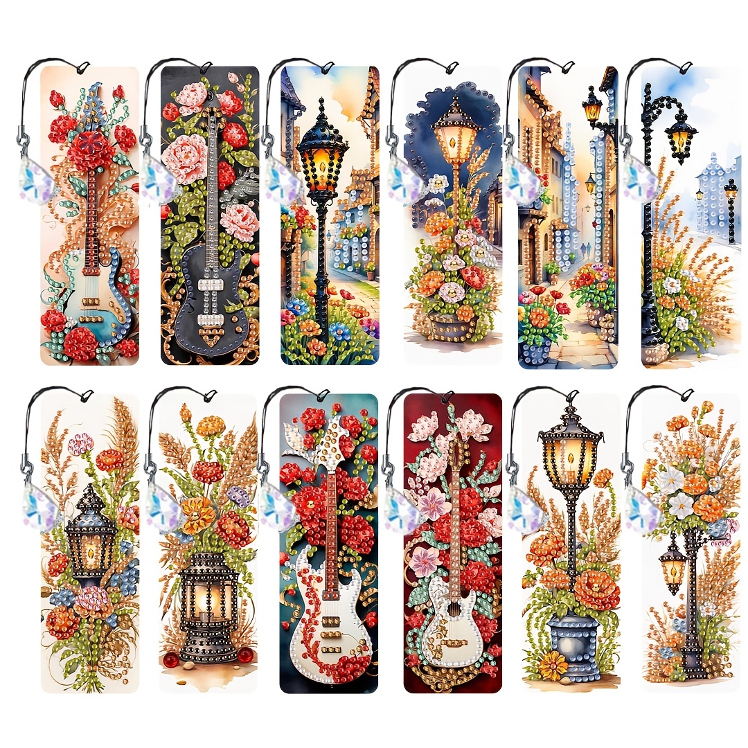 TEMU 12pcs Floral Themed Diamond Painting Bookmark Set, Featuring Retro Guitar, European +, Wheat Ear And Other Retro Elements Decoration, Designed