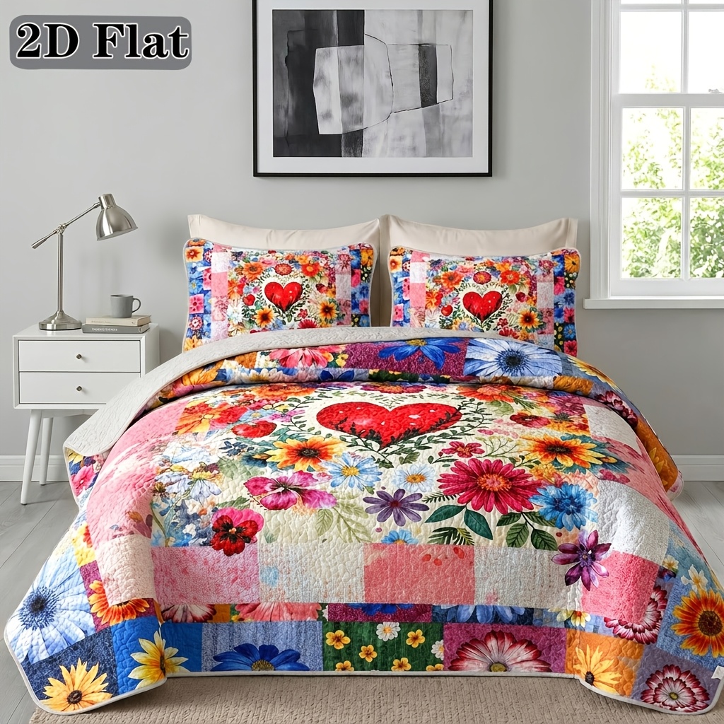 TEMU 2d Flat 2/3pcs Romantic Vintage Heart Floral Print Quilted Bedspread Set (1 Bedspread And 1/2 Pillowcases, Pillow Inserts Not Included)