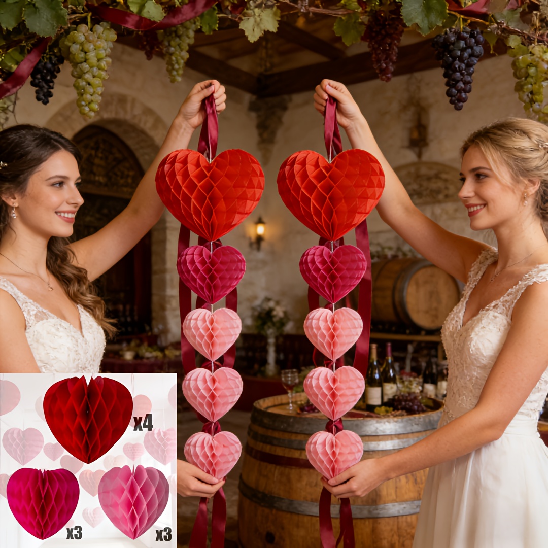 Image of 10pcs Handmade-style Heart-shaped Paper Fluff Balls (fuzz) - Red & Pink Wedding, Birthday, Valentine's Party Decorations Suitable For Weddings, Prop Setup, Handmade Craft Balls