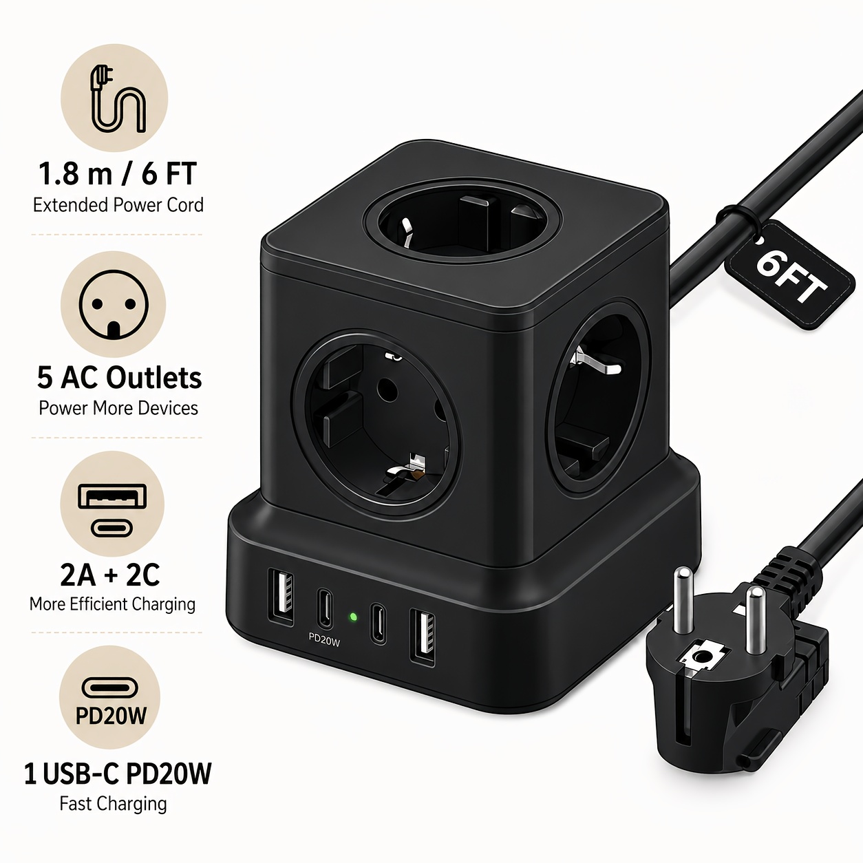 TEMU Enchufe Estándar EU 9 en 1 con 5 de Corriente, Diseñado para Enchufes con Contactos Protectores, 2 Puertos USB-A y 2 Puertos USB-C